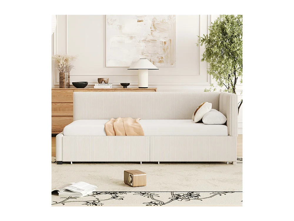 Lit jeune lit 90x200 cm lit rembourré lit sommier à lattes avec 2 tiroirs de rangement lit simple tissu en velours beige