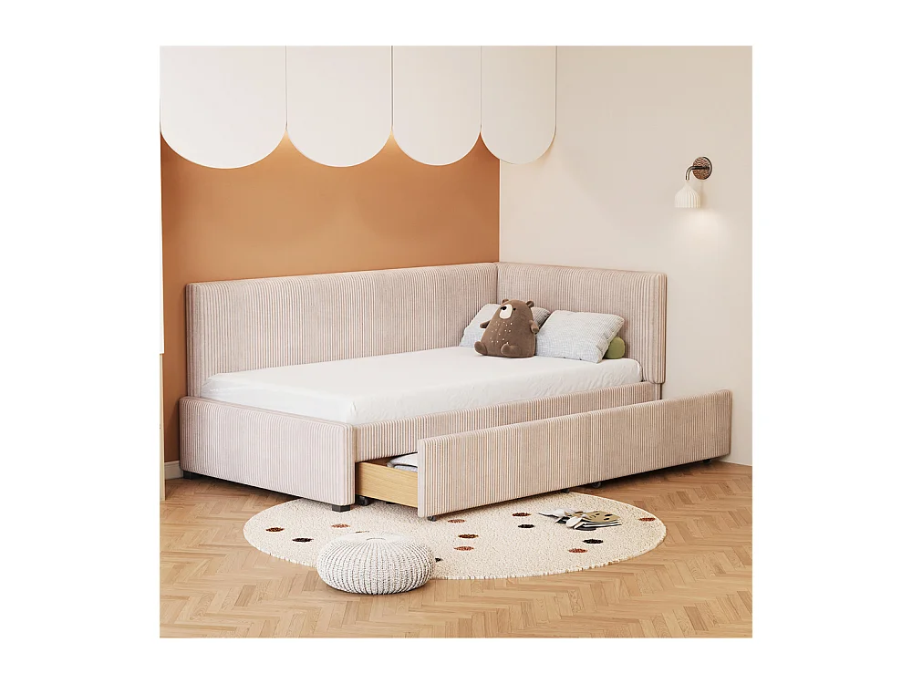 Lit jeune lit 90x200 cm lit rembourré lit sommier à lattes avec 2 tiroirs de rangement lit simple tissu en velours beige