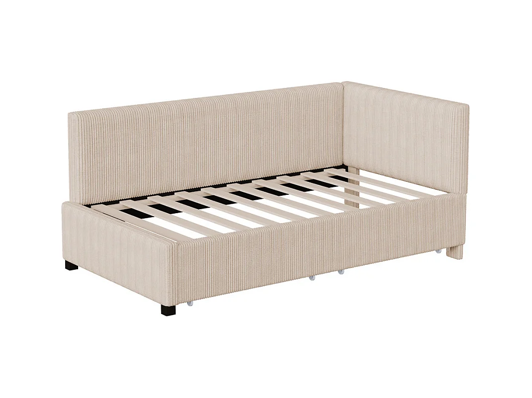 Lit jeune lit 90x200 cm lit rembourré lit sommier à lattes avec 2 tiroirs de rangement lit simple tissu en velours beige