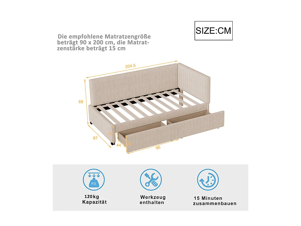 Lit jeune lit 90x200 cm lit rembourré lit sommier à lattes avec 2 tiroirs de rangement lit simple tissu en velours beige