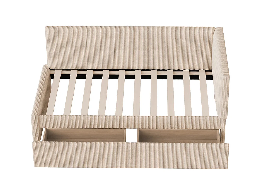 Lit jeune lit 90x200 cm lit rembourré lit sommier à lattes avec 2 tiroirs de rangement lit simple tissu en velours beige