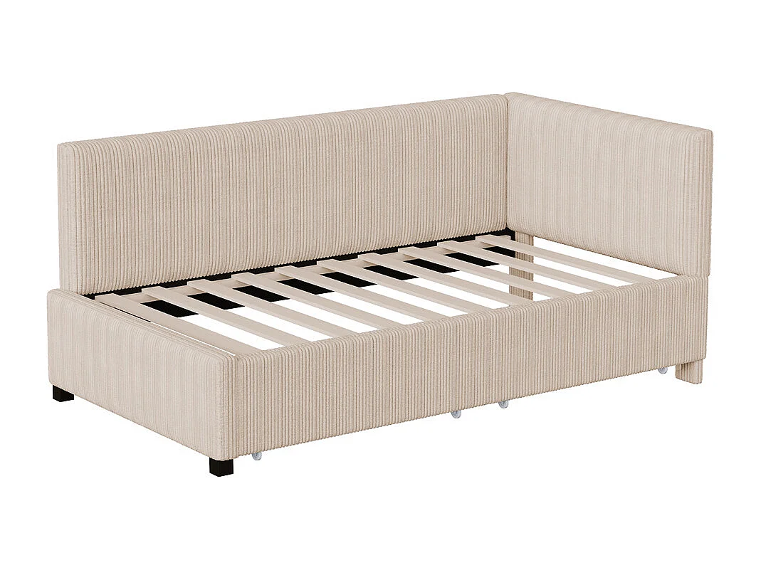 Lit jeune lit 90x200 cm lit rembourré lit sommier à lattes avec 2 tiroirs de rangement lit simple tissu en velours beige