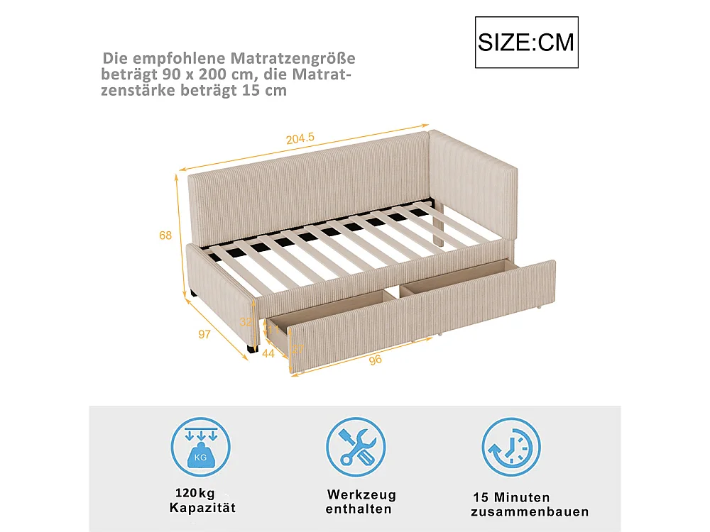 Lit jeune lit 90x200 cm lit rembourré lit sommier à lattes avec 2 tiroirs de rangement lit simple tissu en velours beige