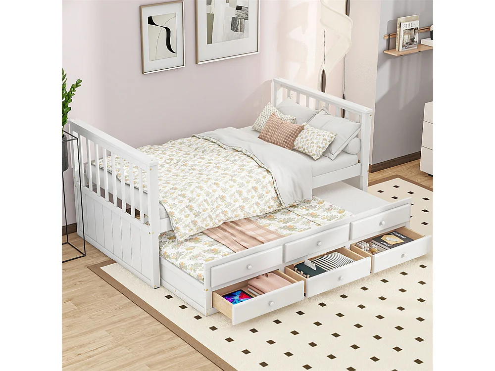 Lit jeune lit 90x200cm(90x190cm) avec trois tiroirs lit simple pin blanc