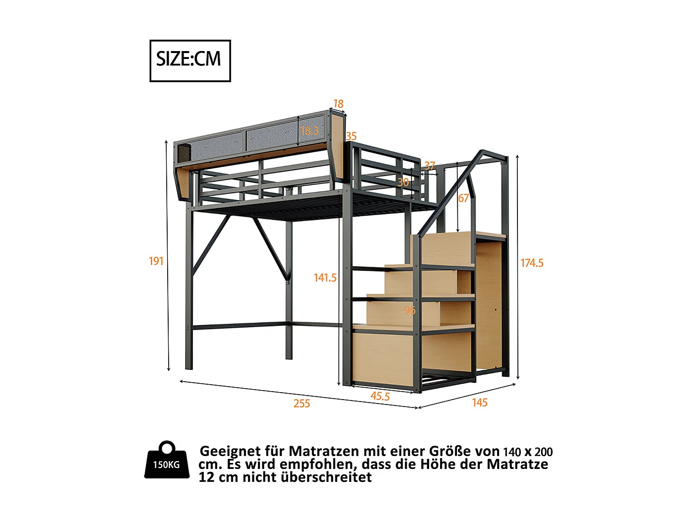 Lit mezzanine 140x200cm, avec échelle de sécurité et compartiment de rangement flexible, lit en métal lit adulte lit superposé pour enfants, noir