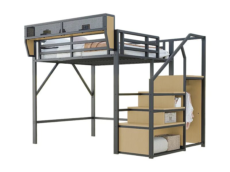 Lit mezzanine 140x200cm, avec échelle de sécurité et compartiment de rangement flexible, lit en métal lit adulte lit superposé pour enfants, noir