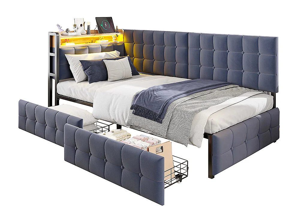 Canapé-lit 90 x 200 cm, lit rembourré avec 2 tiroirs et lampe de chevet LED, lit bateau enfant, canapé-lit simple gris