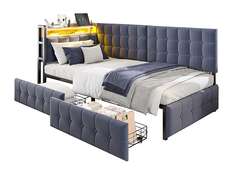 Canapé-lit 90 x 200 cm, lit rembourré avec 2 tiroirs et lampe de chevet LED, lit bateau enfant, canapé-lit simple gris