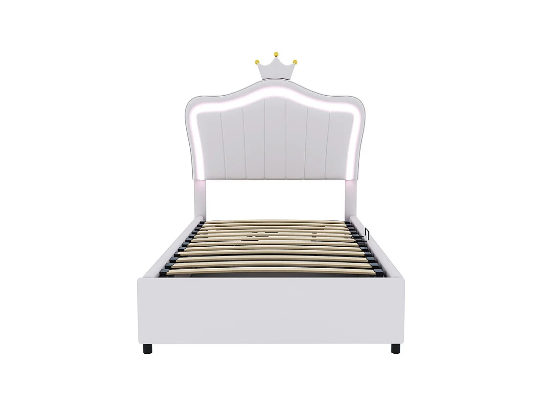 Lit jeune lit 90x200 cm lit rembourré hydraulique lit de rangement avec éclairage led et sommier à lattes cuir synthétique blanc