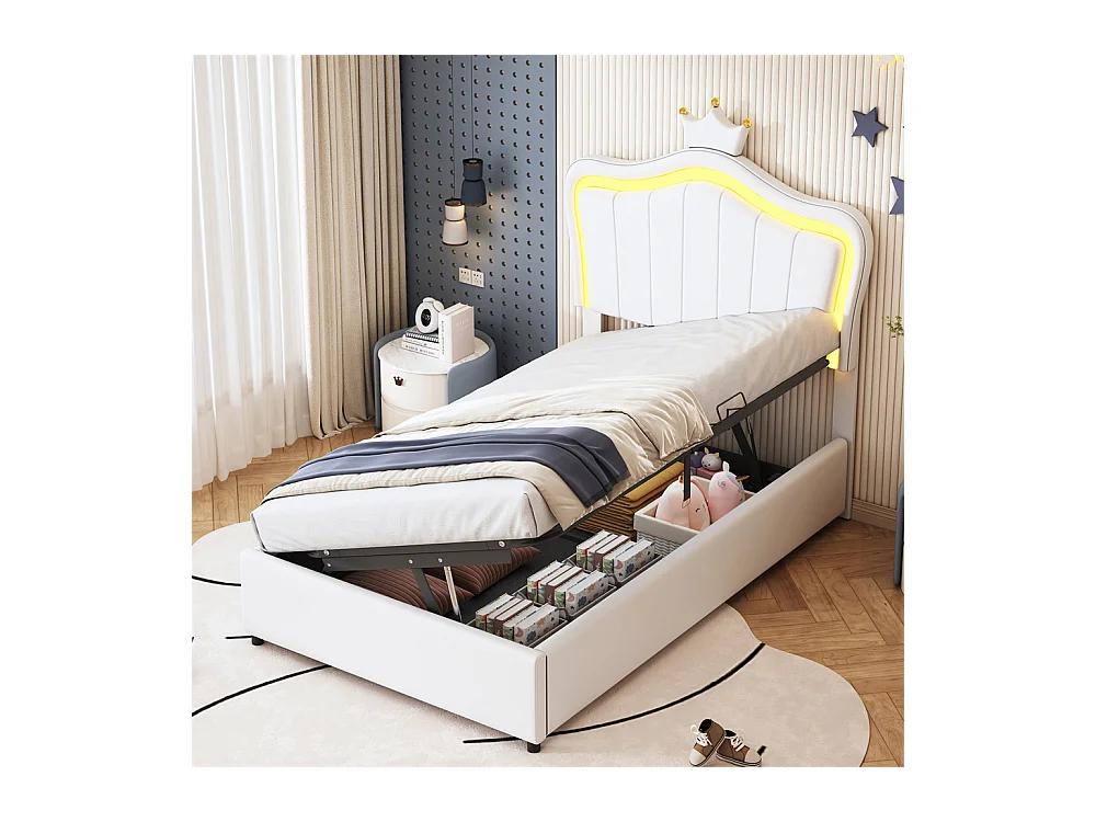 Lit jeune lit 90x200 cm lit rembourré hydraulique lit de rangement avec éclairage led et sommier à lattes cuir synthétique blanc