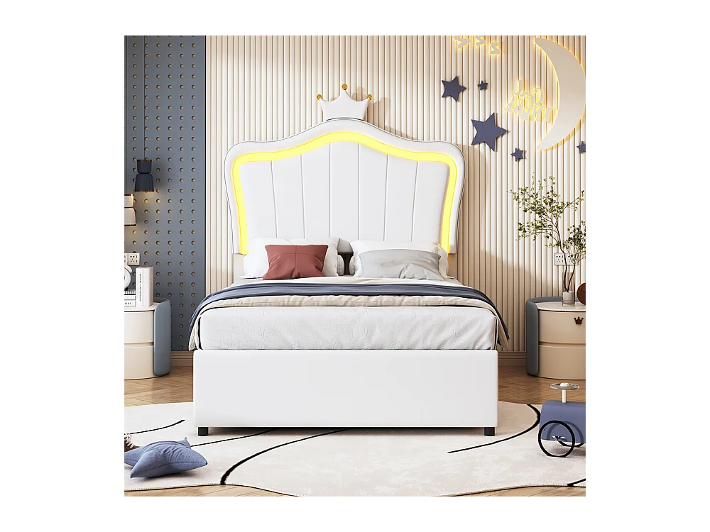 Lit jeune lit 90x200 cm lit rembourré hydraulique lit de rangement avec éclairage led et sommier à lattes cuir synthétique blanc