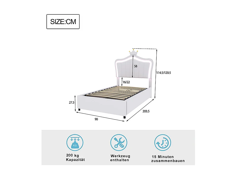 Lit jeune lit 90x200 cm lit rembourré hydraulique lit de rangement avec éclairage led et sommier à lattes cuir synthétique blanc