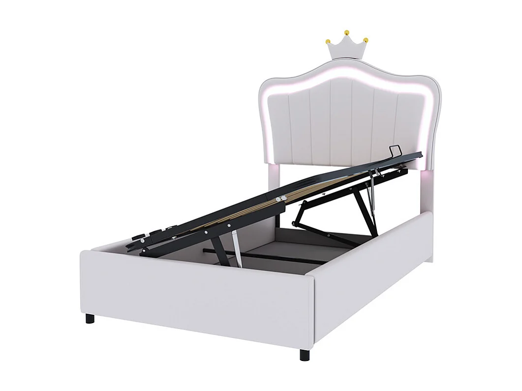 Lit jeune lit 90x200 cm lit rembourré hydraulique lit de rangement avec éclairage led et sommier à lattes cuir synthétique blanc