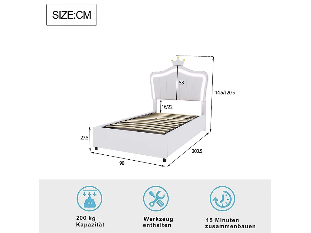 Lit jeune lit 90x200 cm lit rembourré hydraulique lit de rangement avec éclairage led et sommier à lattes cuir synthétique blanc