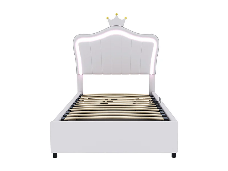 Lit jeune lit 90x200 cm lit rembourré hydraulique lit de rangement avec éclairage led et sommier à lattes cuir synthétique blanc