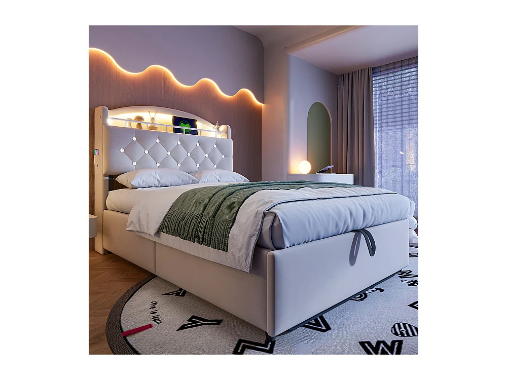 Lit jeune lit 90x200cm lit rembourré lit de rangement lit simple tissu beige