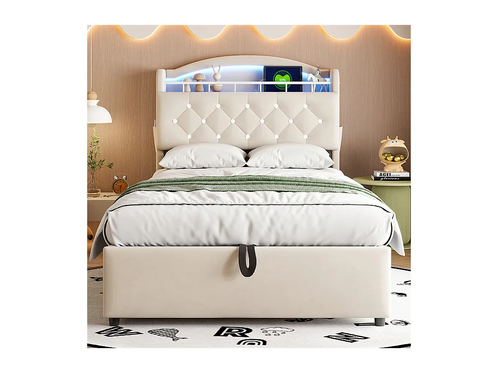 Lit jeune lit 90x200cm lit rembourré lit de rangement lit simple tissu beige