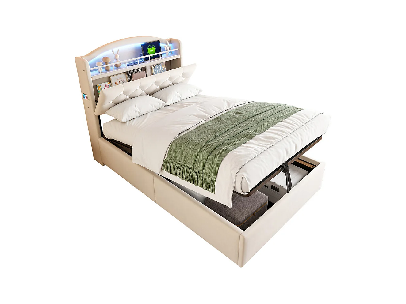 Lit jeune lit 90x200cm lit rembourré lit de rangement lit simple tissu beige