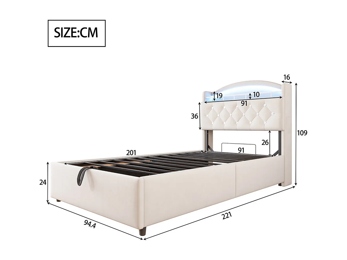 Lit jeune lit 90x200cm lit rembourré lit de rangement lit simple tissu beige