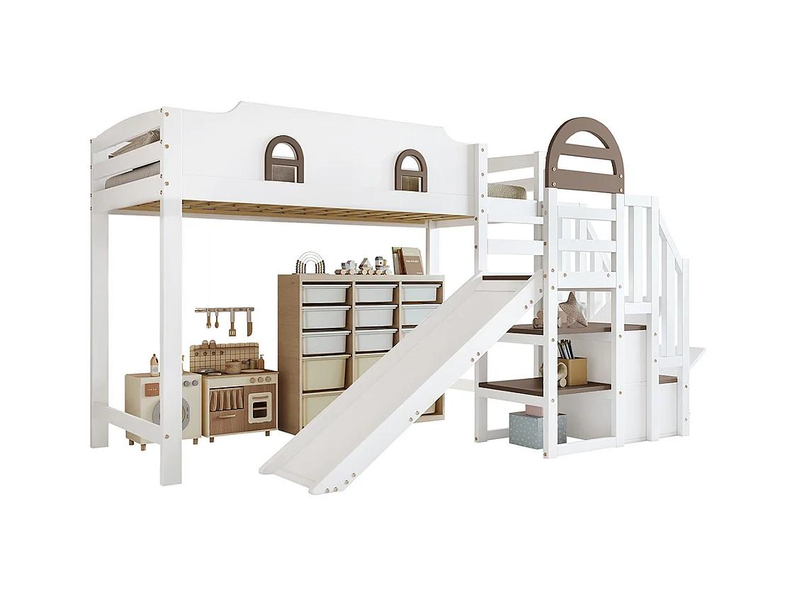 Lit superposé 90x200cm, lit d'enfant avec fenêtre et toboggan pour enfants, escalier avec main courante, avec 2 casiers dans l'escalier, pin+mdf, blanc+marron