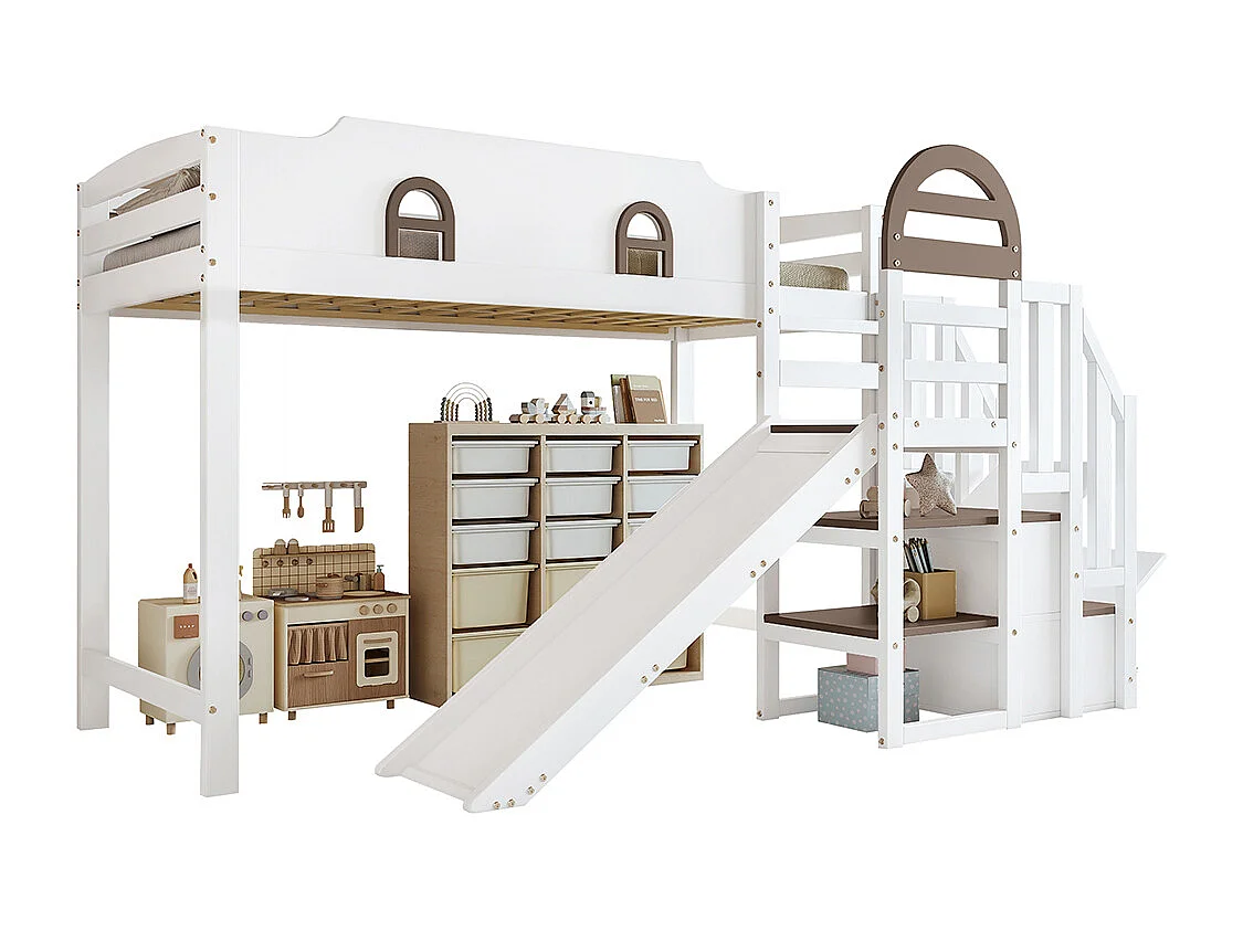 Lit superposé 90x200cm, lit d'enfant avec fenêtre et toboggan pour enfants, escalier avec main courante, avec 2 casiers dans l'escalier, pin+mdf, blanc+marron