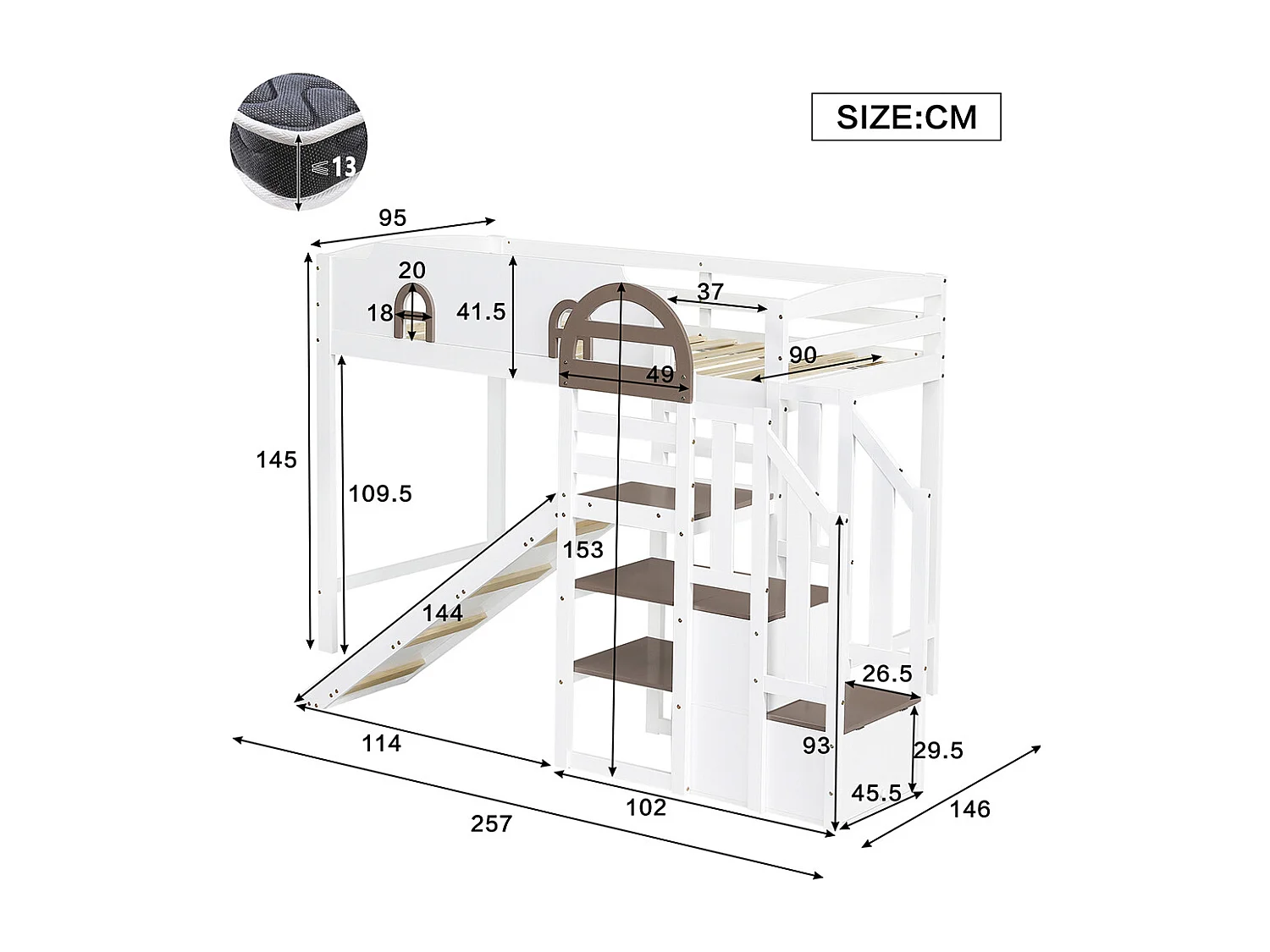 Lit superposé 90x200cm, lit d'enfant avec fenêtre et toboggan pour enfants, escalier avec main courante, avec 2 casiers dans l'escalier, pin+mdf, blanc+marron