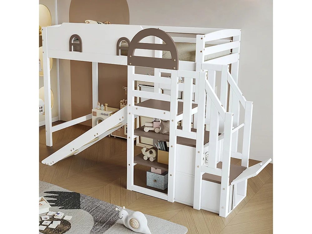 Lit superposé 90x200cm, lit d'enfant avec fenêtre et toboggan pour enfants, escalier avec main courante, avec 2 casiers dans l'escalier, pin+mdf, blanc+marron