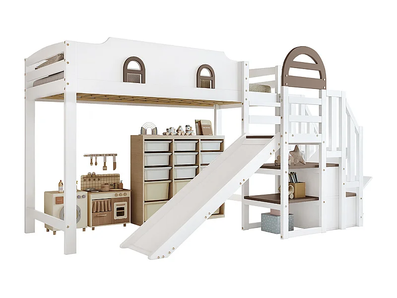 Lit superposé 90x200cm, lit d'enfant avec fenêtre et toboggan pour enfants, escalier avec main courante, avec 2 casiers dans l'escalier, pin+mdf, blanc+marron