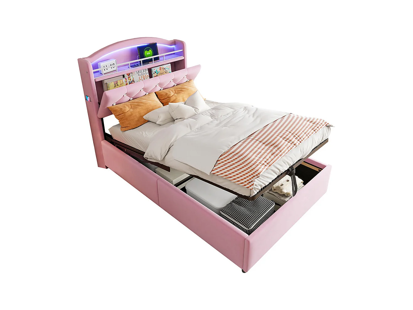 Lit jeune lit 90x200cm lit rembourré lit de rangement lit simple tissu rose