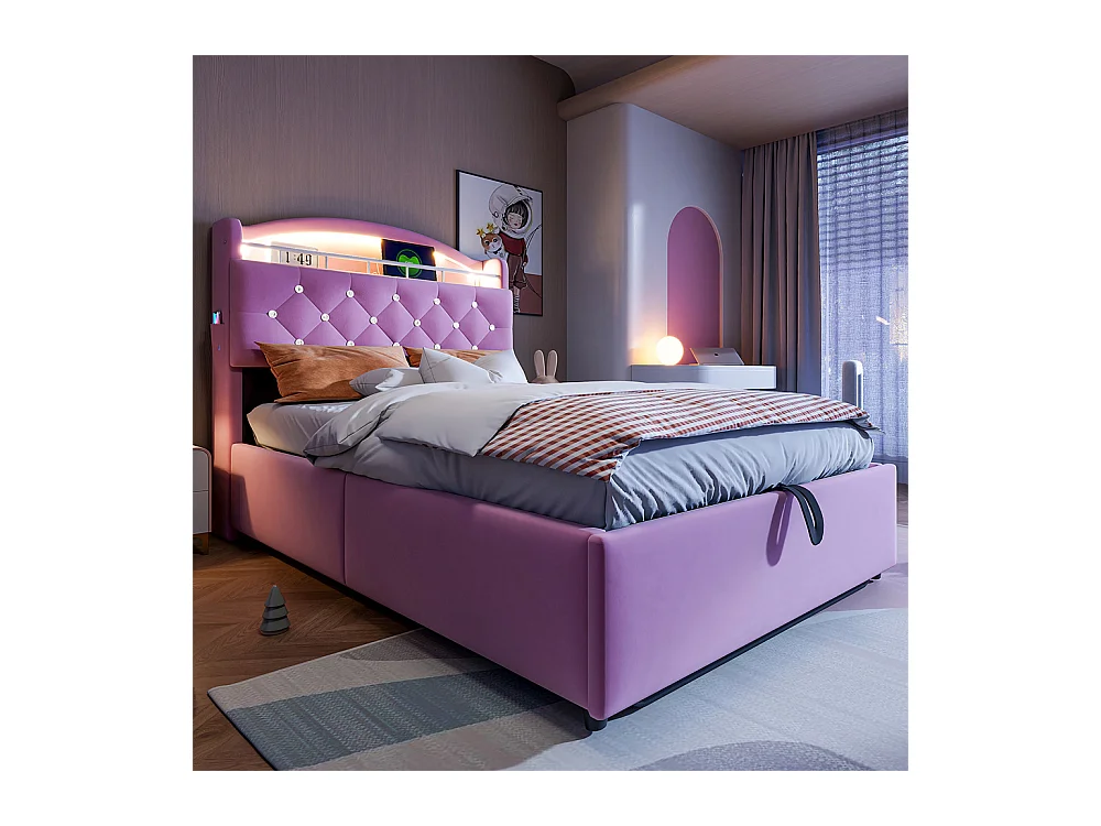 Lit jeune lit 90x200cm lit rembourré lit de rangement lit simple tissu rose