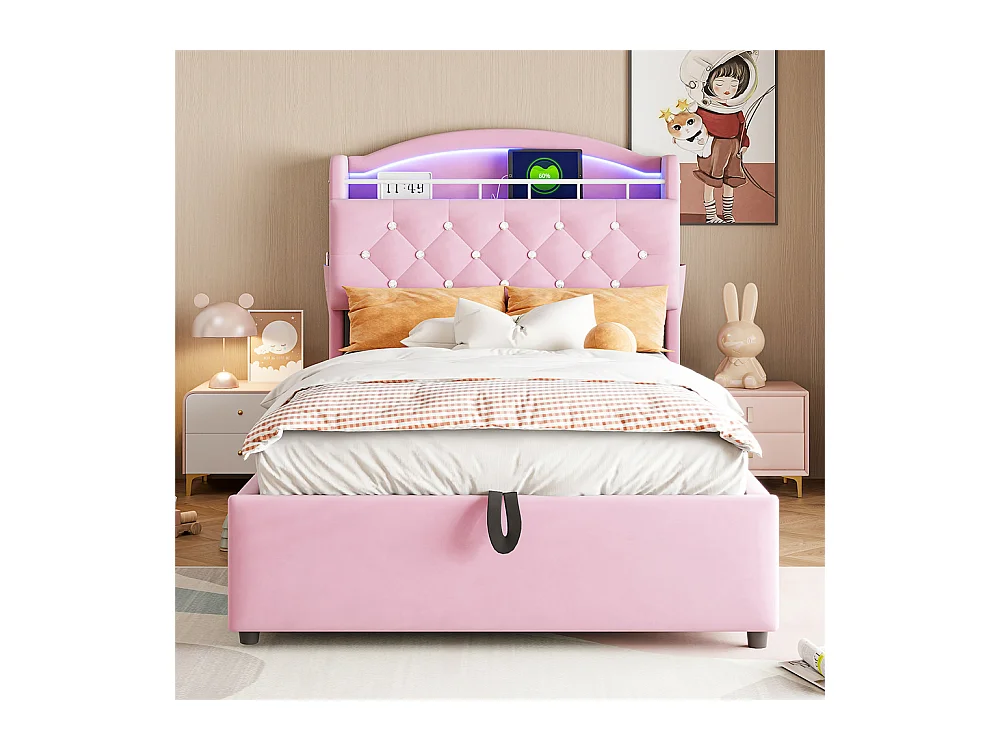 Lit jeune lit 90x200cm lit rembourré lit de rangement lit simple tissu rose