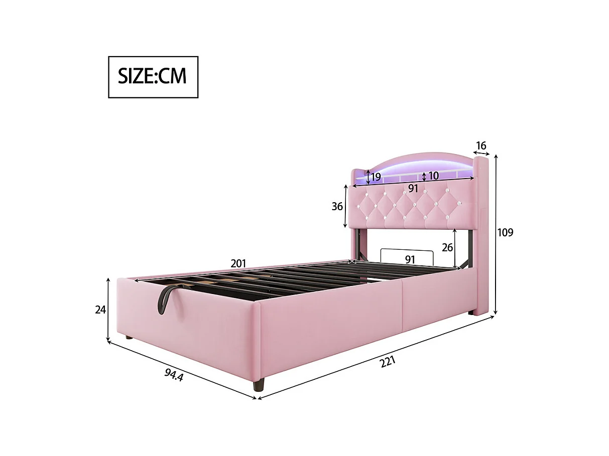 Lit jeune lit 90x200cm lit rembourré lit de rangement lit simple tissu rose