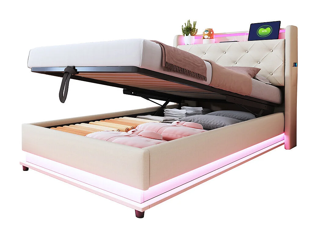Lit jeune lit 90x200cm lit hydraulique rembourré lit de rangement avec lampes à couleurs changeantes et prise usb lit simple tissu de lin beige