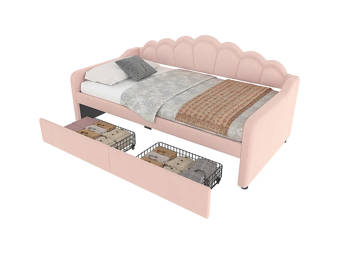 Lit de jour 90x200cm, canapé-lit, lit simple (sans matelas), avec tiroirs, bande led à couleur changeante, velours, rose