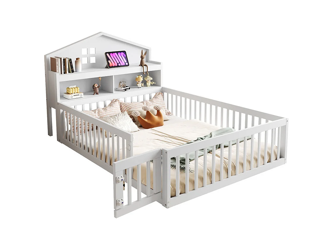 Lit d'enfant 140x200cm, avec espace de rangement, étagères, cimaise, barrière de sécurité et porte, cadre en bois massif, avec sommier à lattes, blanc