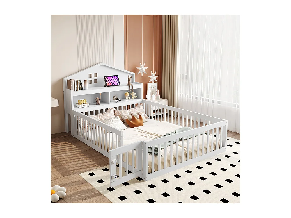 Lit d'enfant 140x200cm, avec espace de rangement, étagères, cimaise, barrière de sécurité et porte, cadre en bois massif, avec sommier à lattes, blanc