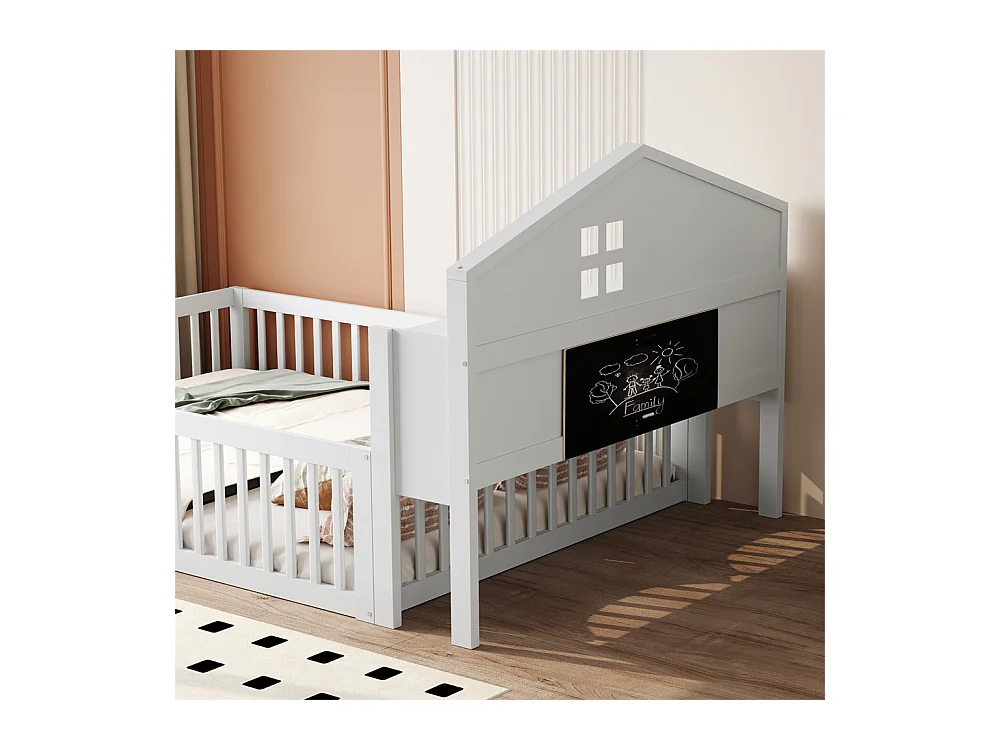 Lit d'enfant 140x200cm, avec espace de rangement, étagères, cimaise, barrière de sécurité et porte, cadre en bois massif, avec sommier à lattes, blanc