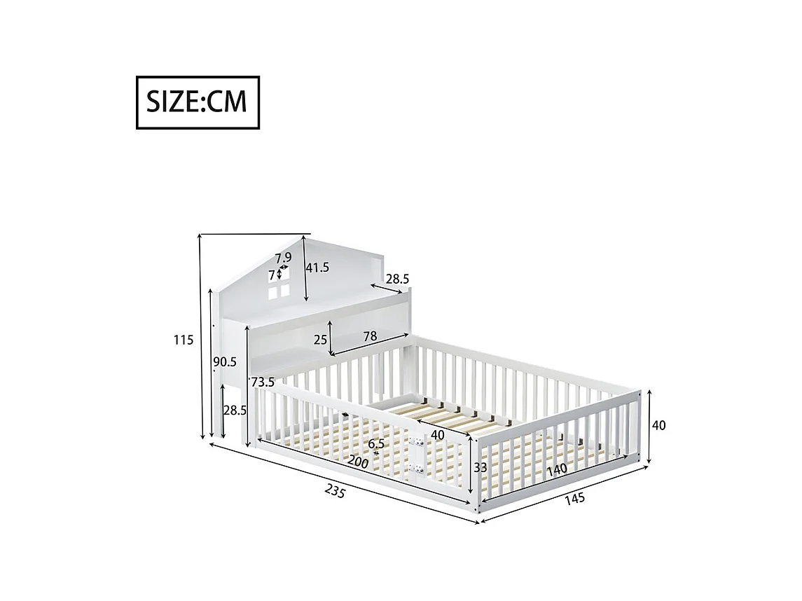 Lit d'enfant 140x200cm, avec espace de rangement, étagères, cimaise, barrière de sécurité et porte, cadre en bois massif, avec sommier à lattes, blanc