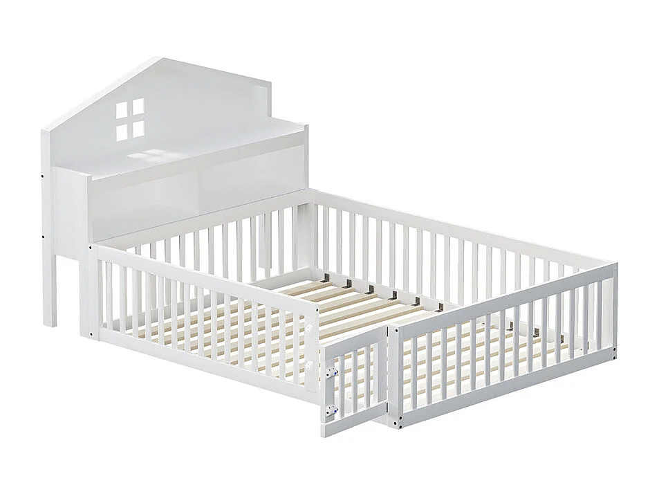 Lit d'enfant 140x200cm, avec espace de rangement, étagères, cimaise, barrière de sécurité et porte, cadre en bois massif, avec sommier à lattes, blanc