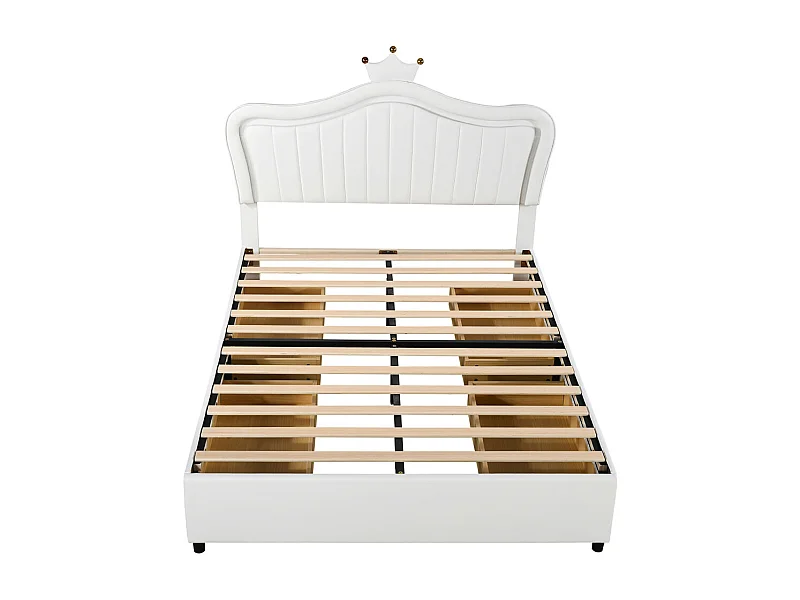 Lit jeune lit 140x200 cm lit rembourré avec 4 tiroirs, lampes led et sommier à lattes lit simple cuir pu blanc