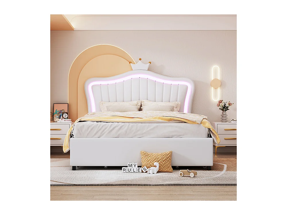 Lit jeune lit 140x200 cm lit rembourré avec 4 tiroirs, lampes led et sommier à lattes lit simple cuir pu blanc