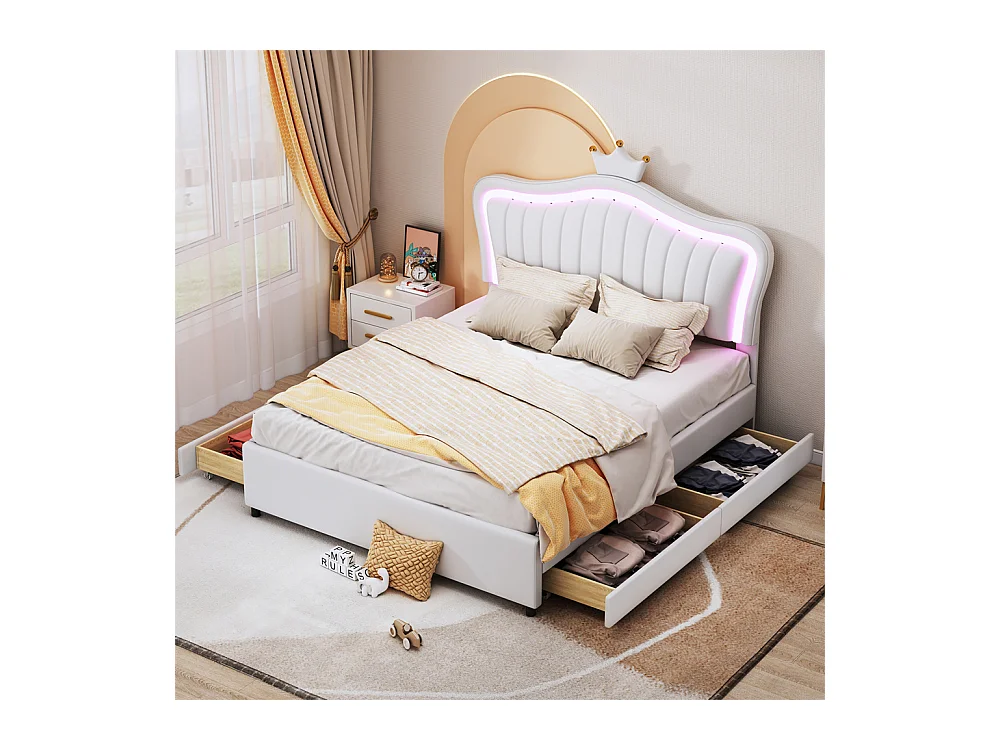 Lit jeune lit 140x200 cm lit rembourré avec 4 tiroirs, lampes led et sommier à lattes lit simple cuir pu blanc