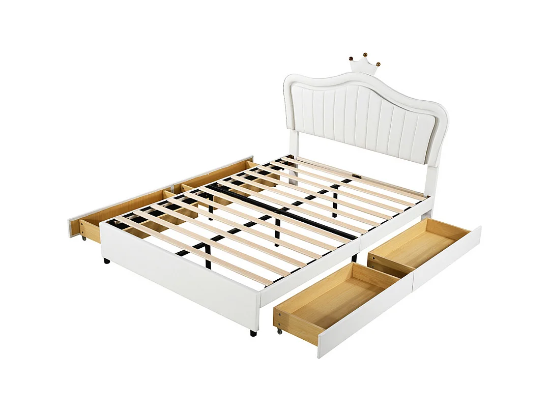 Lit jeune lit 140x200 cm lit rembourré avec 4 tiroirs, lampes led et sommier à lattes lit simple cuir pu blanc