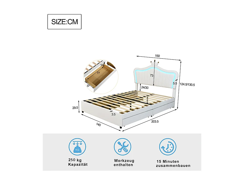 Lit jeune lit 140x200 cm lit rembourré avec 4 tiroirs, lampes led et sommier à lattes lit simple cuir pu blanc