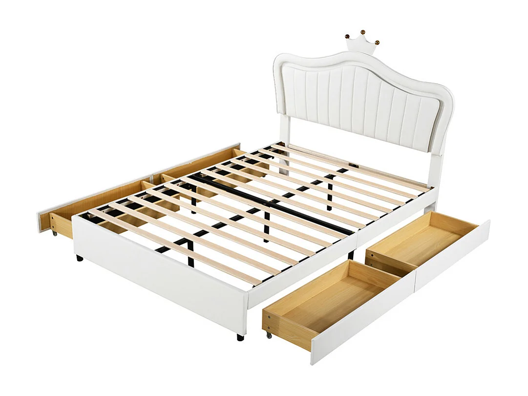 Lit jeune lit 140x200 cm lit rembourré avec 4 tiroirs, lampes led et sommier à lattes lit simple cuir pu blanc