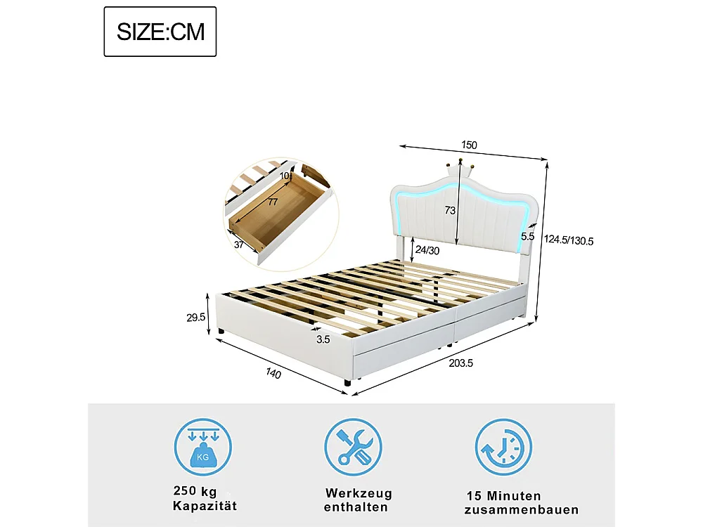 Lit jeune lit 140x200 cm lit rembourré avec 4 tiroirs, lampes led et sommier à lattes lit simple cuir pu blanc