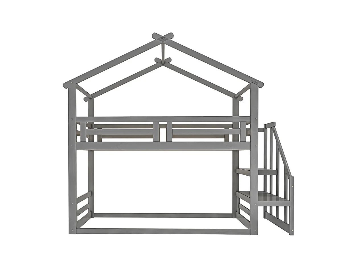 Lit jeune lit 90x200 cm cadre de lit superposé lit sommier à lattes avec escalier de sécurité bois de pin gris