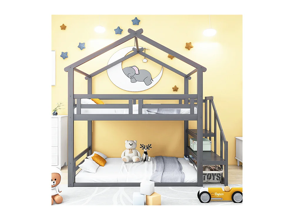 Lit jeune lit 90x200 cm cadre de lit superposé lit sommier à lattes avec escalier de sécurité bois de pin gris