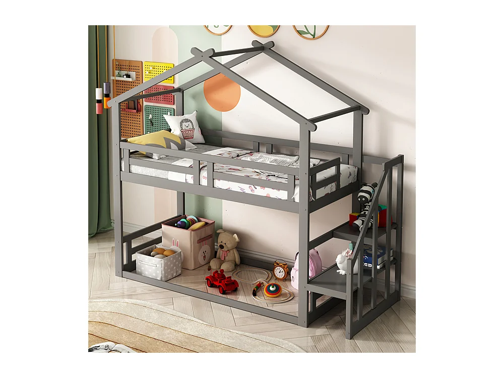 Lit jeune lit 90x200 cm cadre de lit superposé lit sommier à lattes avec escalier de sécurité bois de pin gris