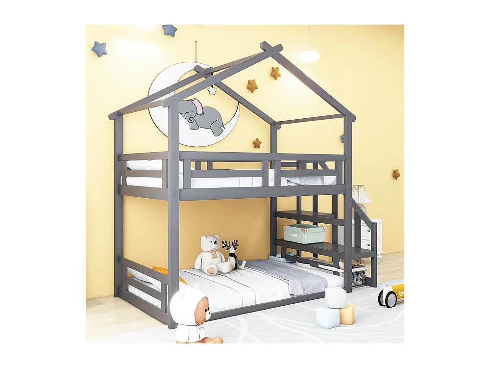 Lit jeune lit 90x200 cm cadre de lit superposé lit sommier à lattes avec escalier de sécurité bois de pin gris